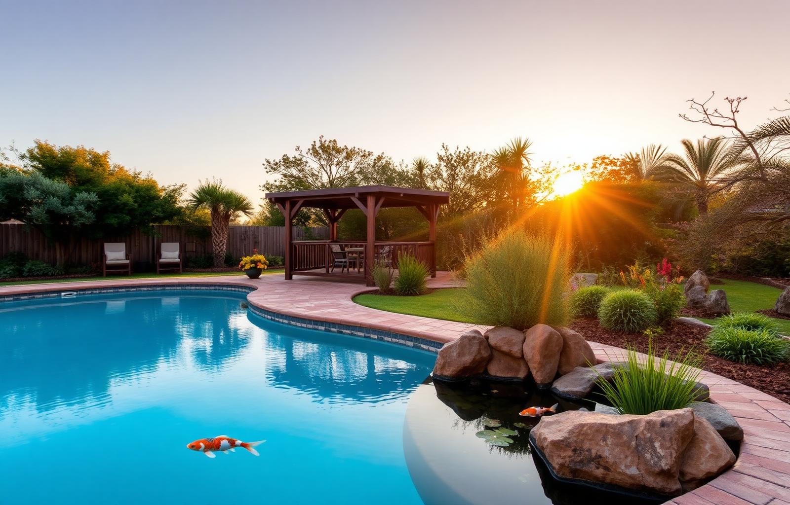 Pool, koi pond and gazebo in the indigenous garden